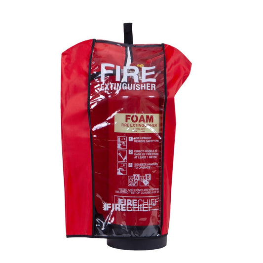 Fire Extinguisher Cover available in medium size, featuring a red and black design with a vision panel for quick checks.