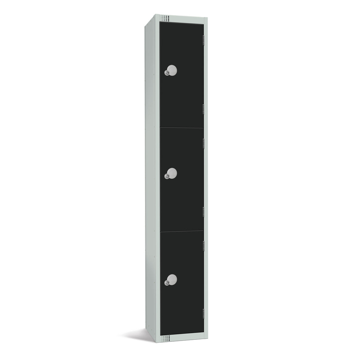 Three Door Locker in Black with Padlock (Sold Separately), Size 1800 x 300 x 300.