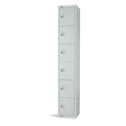 Six-door locker in grey, designed for efficient storage in busy environments.