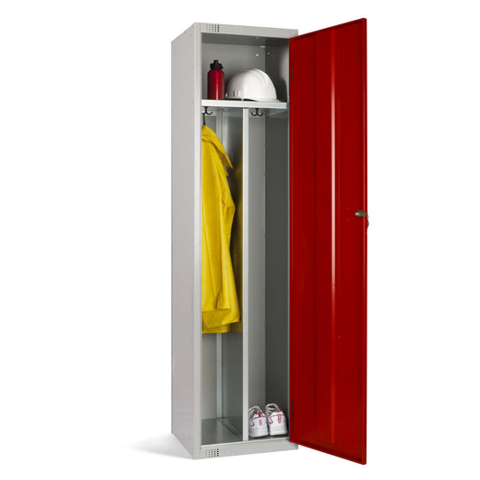 Grey clean and dirty locker with dual compartments for hygienic work attire.