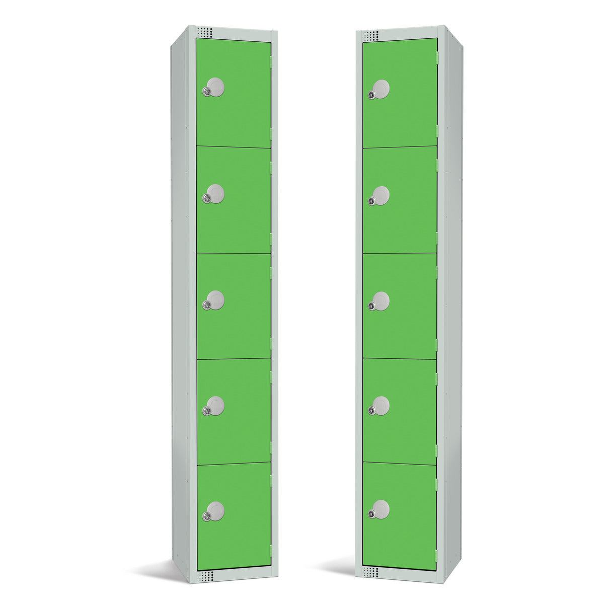 Green five-door locker featuring Keycam lock for organized multi-user storage.