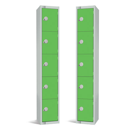 Green five-door locker featuring Keycam lock for organized multi-user storage.