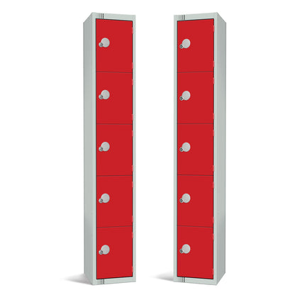 Red five-door locker with padlock option for enhanced security (sold separately).