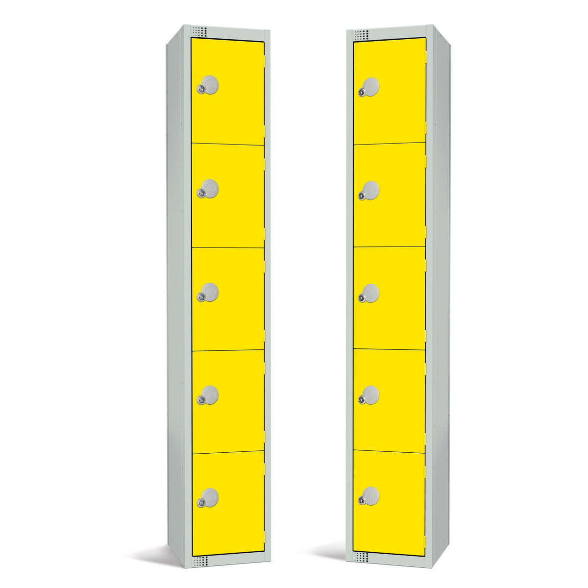 Red five-door locker, perfect for environments with multiple users needing secure storage.