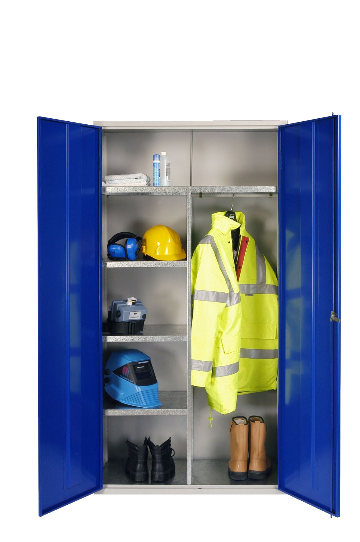 Green cabinet for clothing and equipment storage, built for durability.