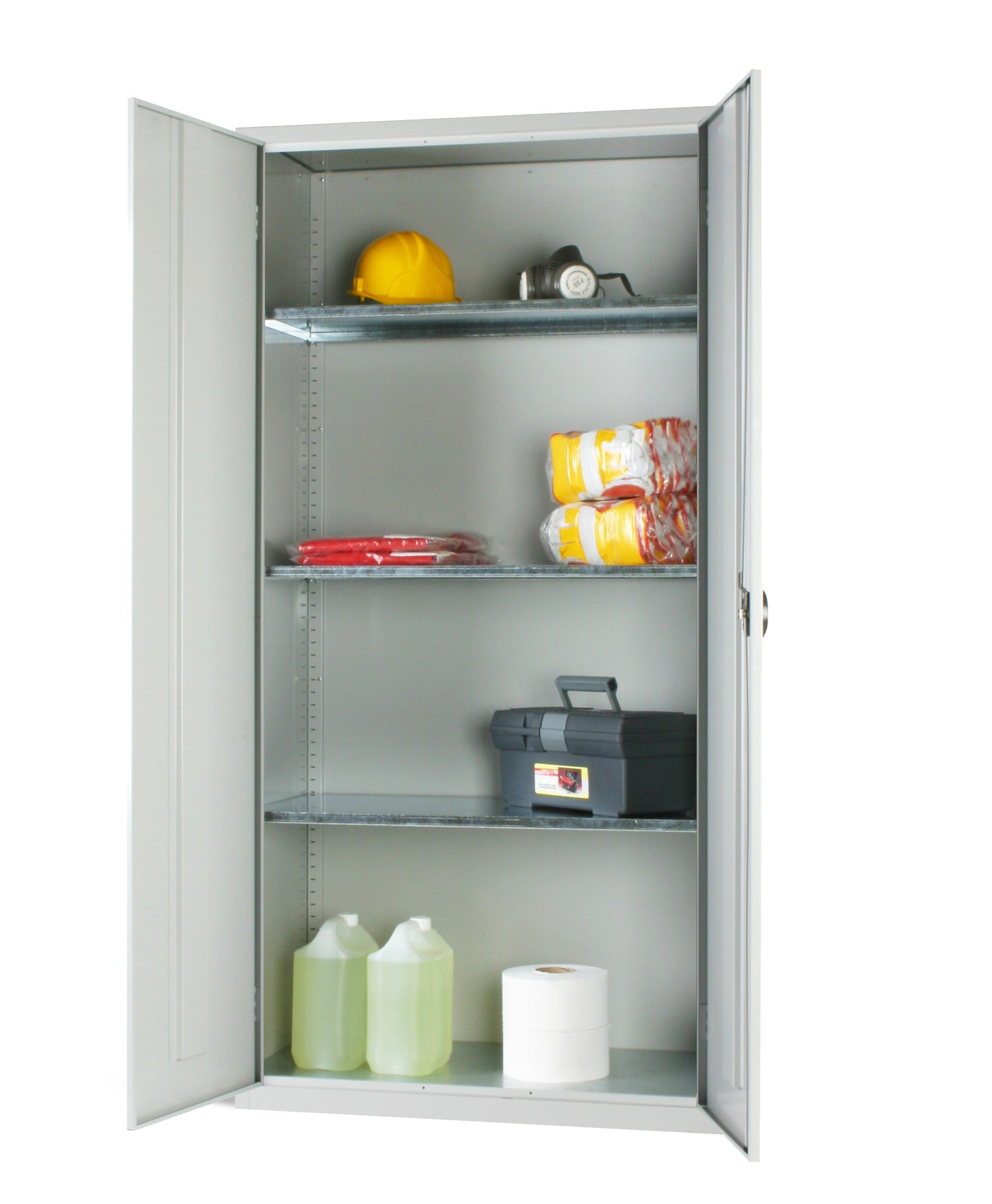 Green compartment shelving storage cupboard with versatile PEHD bins for organized storage.