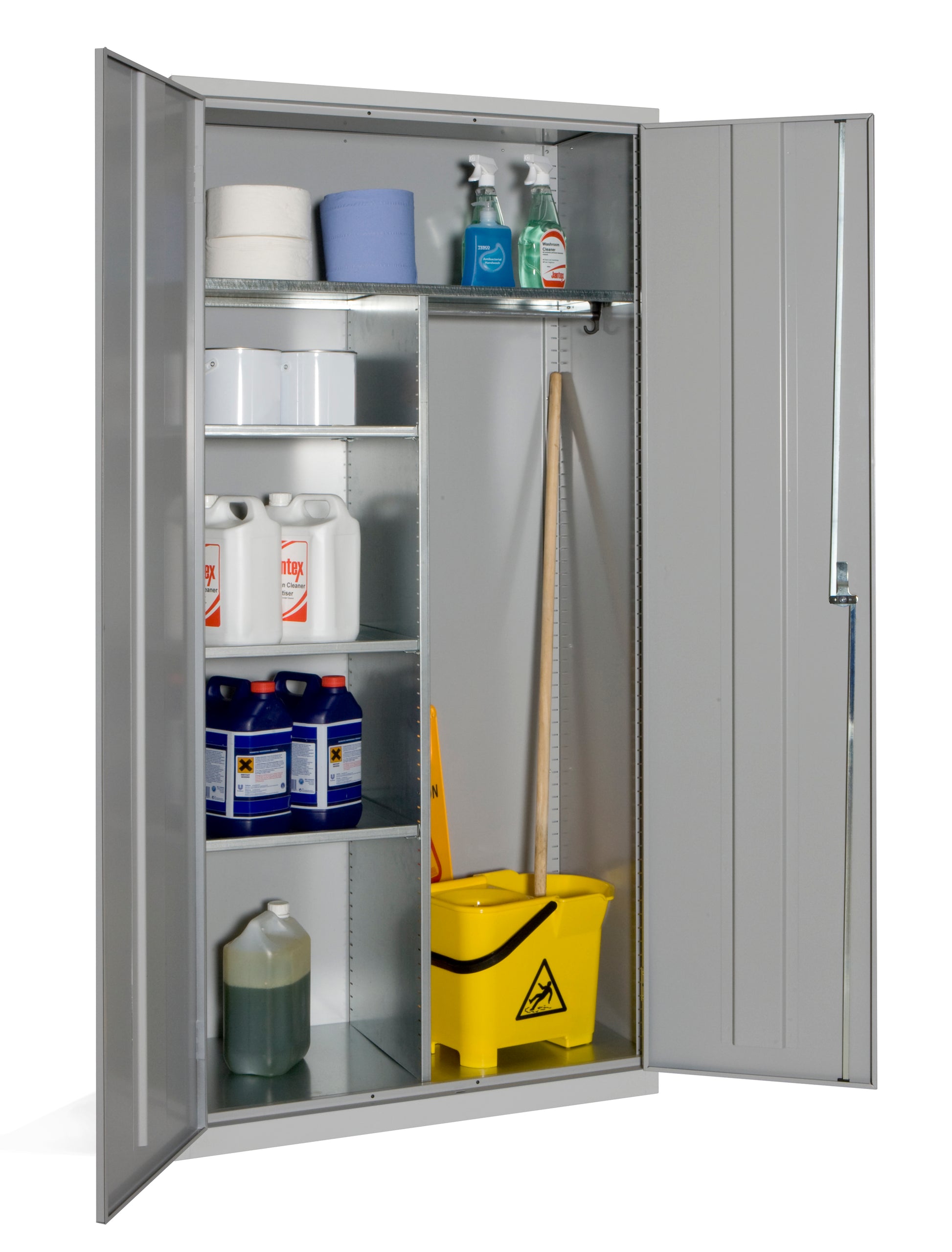 Blue compartment shelving storage cupboard featuring keyless locking for secure storage.