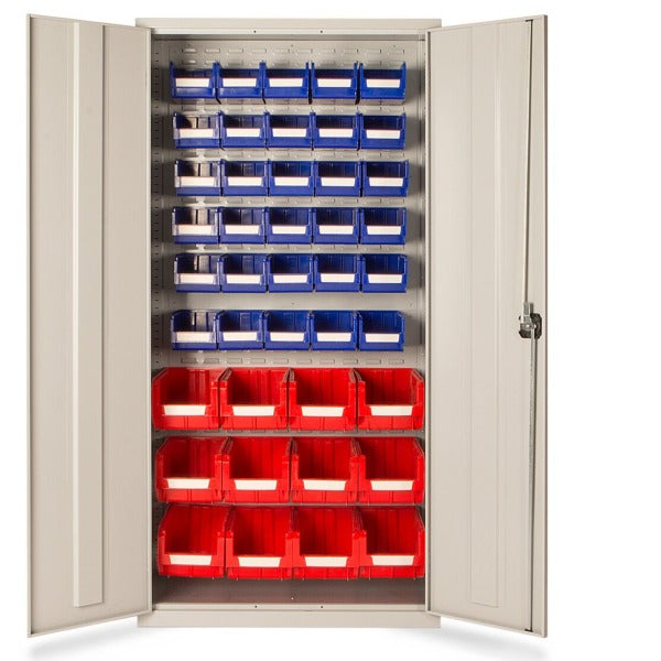 Large indsutrial storage cupboards with bins in 3 sizes