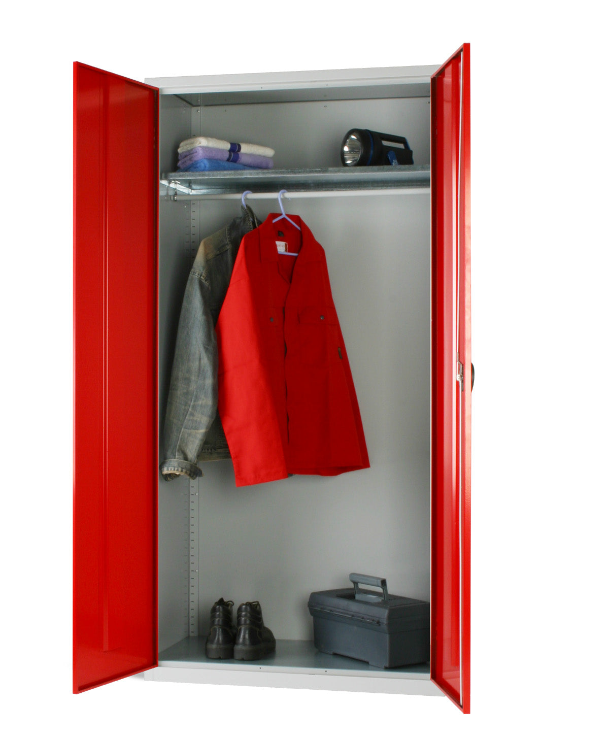 Black cabinet designed for secure clothing and equipment storage.