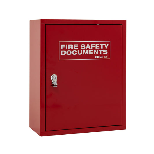 Metal Document Cabinet in Red with Seal Latch for securely storing fire safety documents with padlock fitting.