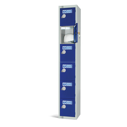 Durable single locker for protective equipment, featuring a padlock for secure storage.