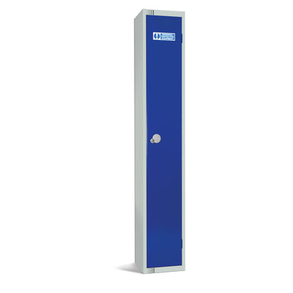 Compact single locker for PPE storage with a padlock mechanism, ideal for tight spaces.