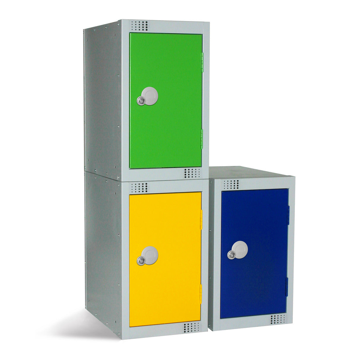 Modular locker system in grey, designed for flexible storage in offices and schools.