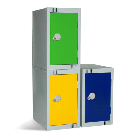 Modular locker system in grey, designed for flexible storage in offices and schools.