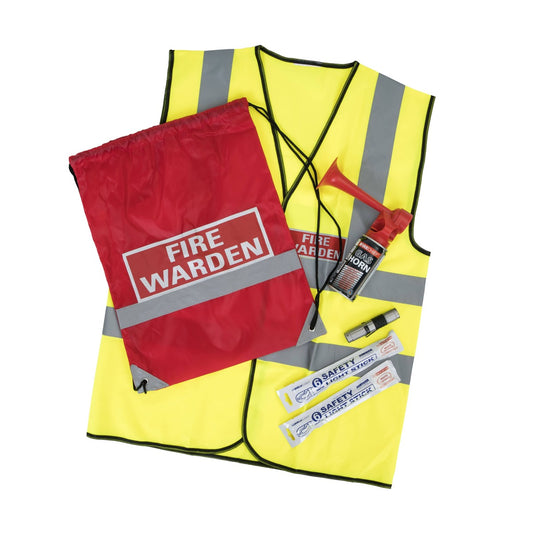 Fire Warden Standard Kit in a high-visibility drawstring bag containing essential items for emergency situations.